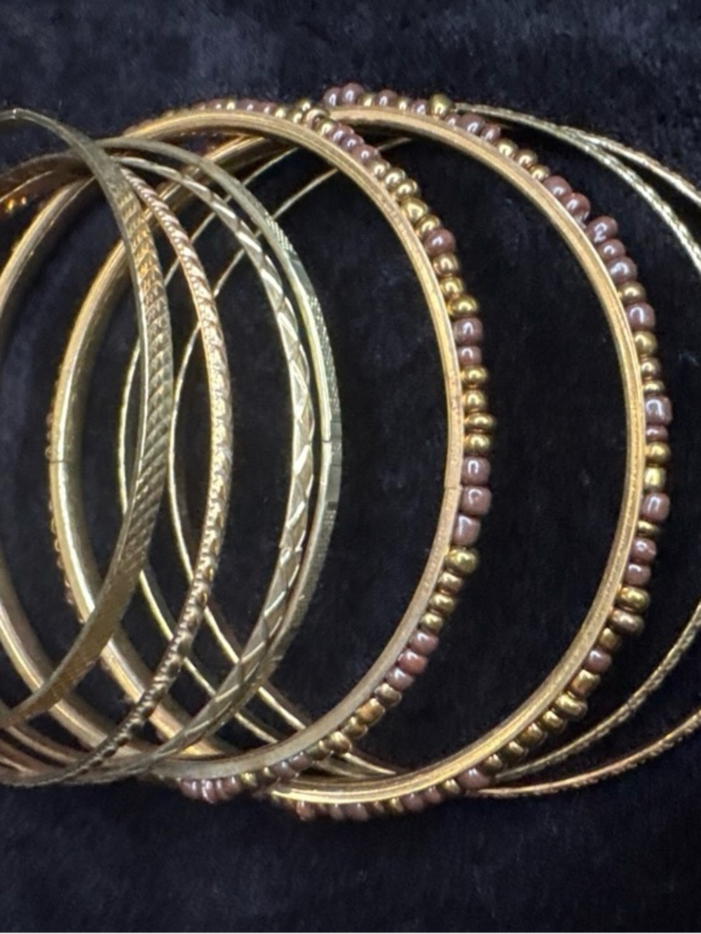 8 Textured & Beaded Bangle Bracelet Set OS Gold/Bronze Boho Stacking EUC Glam